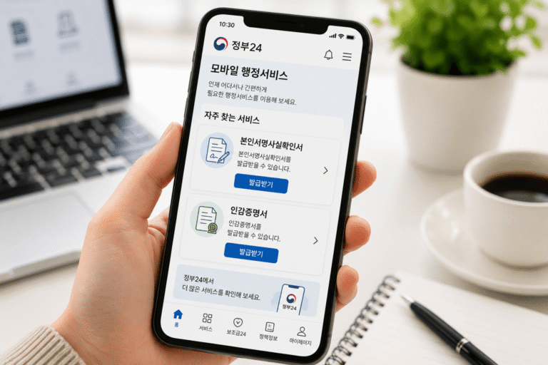 정부24 앱 로그인 모바일 인감증명서 및 본인서명사실확인서 무료 발급 용도 지정 전자문서지갑 기관 제출 방법 안내 이미지