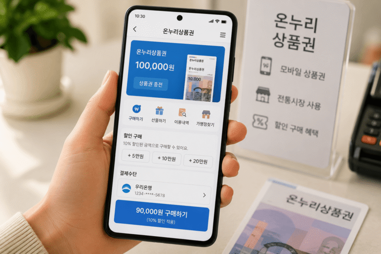 모바일 온누리상품권 전용 앱 다운로드 및 은행 계좌 연동 10퍼센트 할인 충전 전통시장 QR코드 결제 방법 안내 이미지
