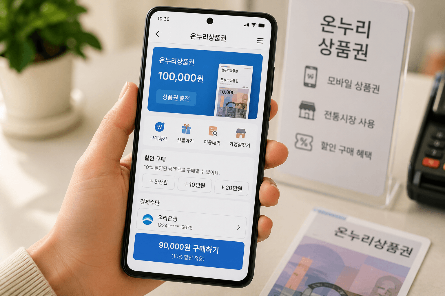 모바일 온누리상품권 전용 앱 다운로드 및 은행 계좌 연동 10퍼센트 할인 충전 전통시장 QR코드 결제 방법 안내 이미지